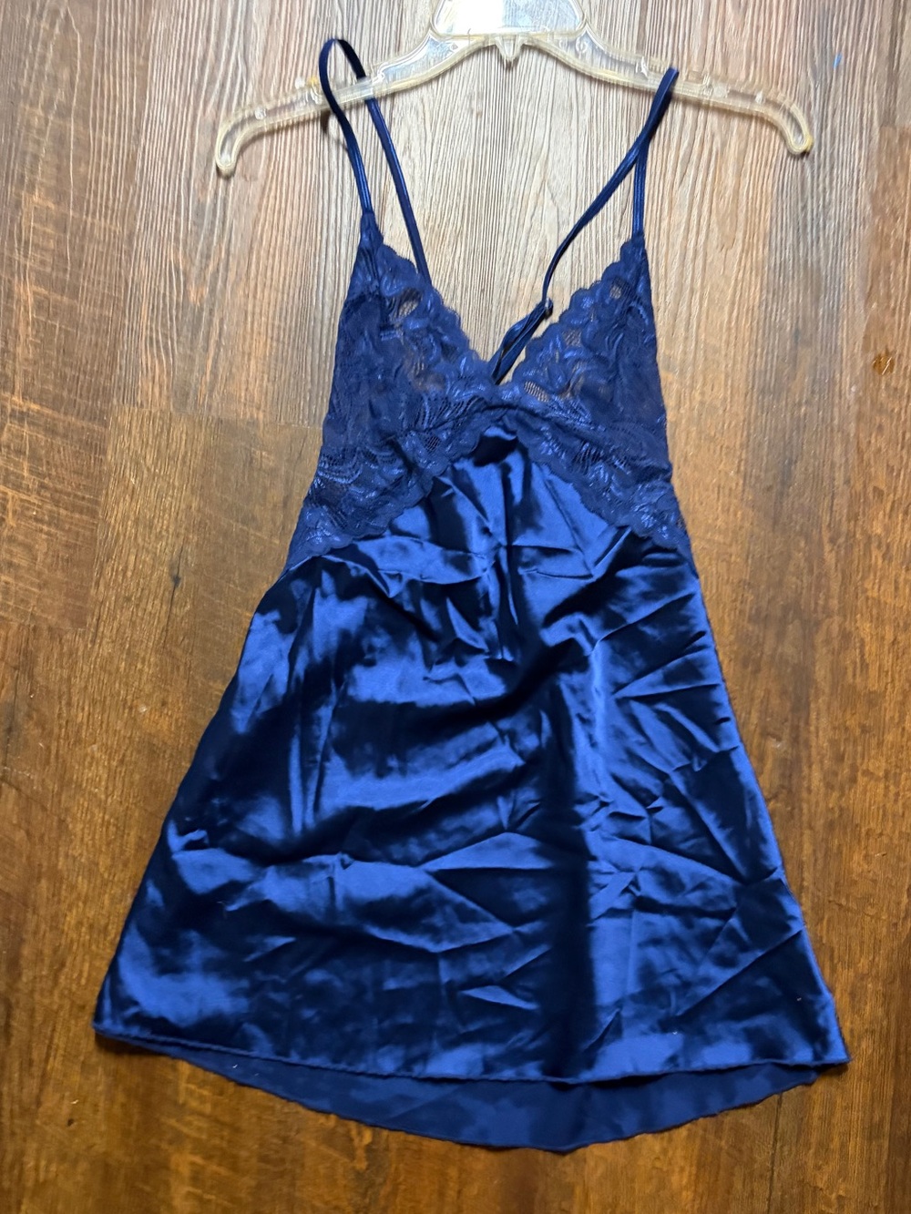 Women's Navy Blue Lace Satin Chemise with Adjustable Straps EUC SIZE MEDIUM